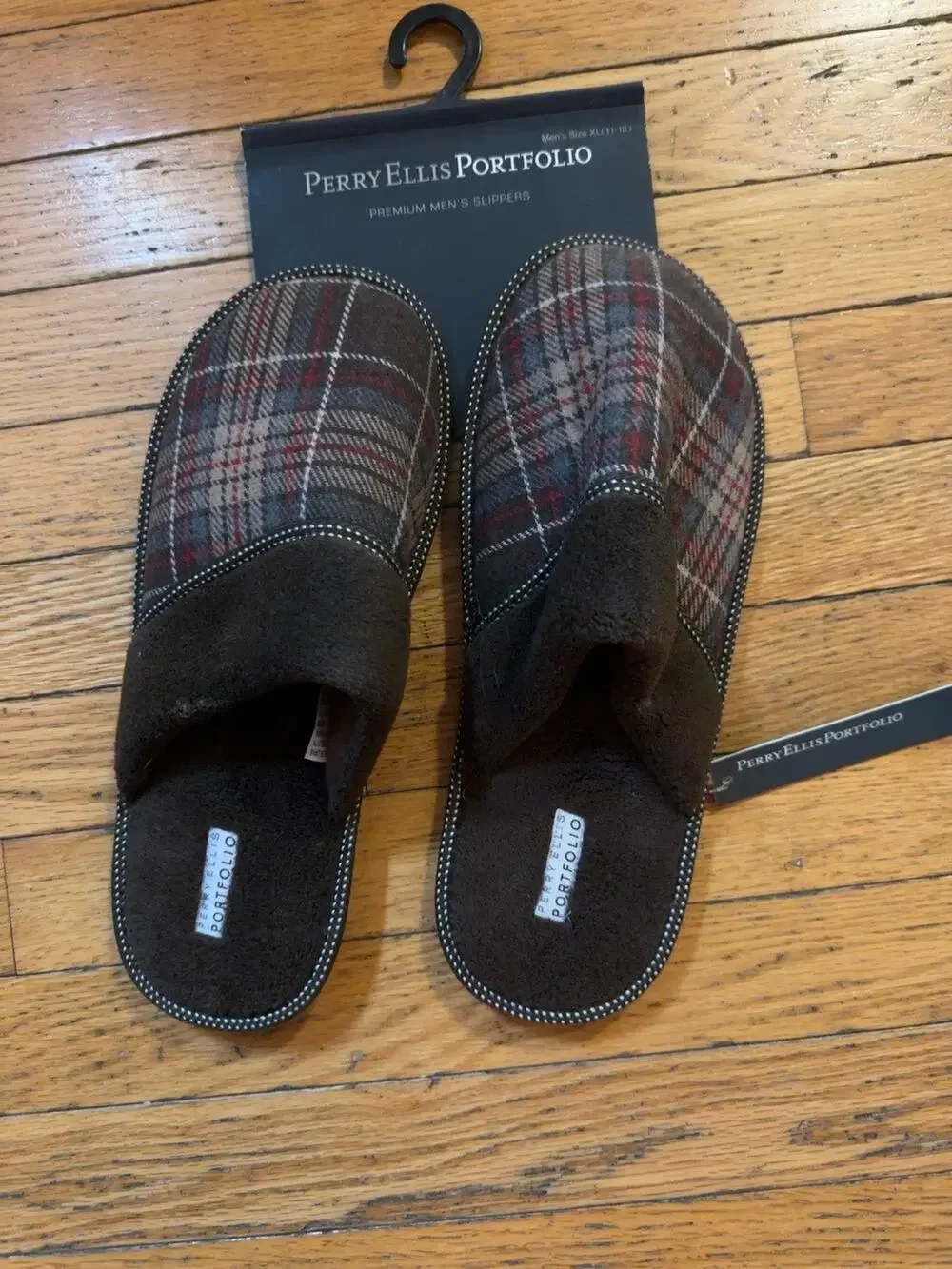 Perry Ellis Portfolio Mens XL 11-12 Plaid Open Toe Slipper Brown Memory Foam NWT
